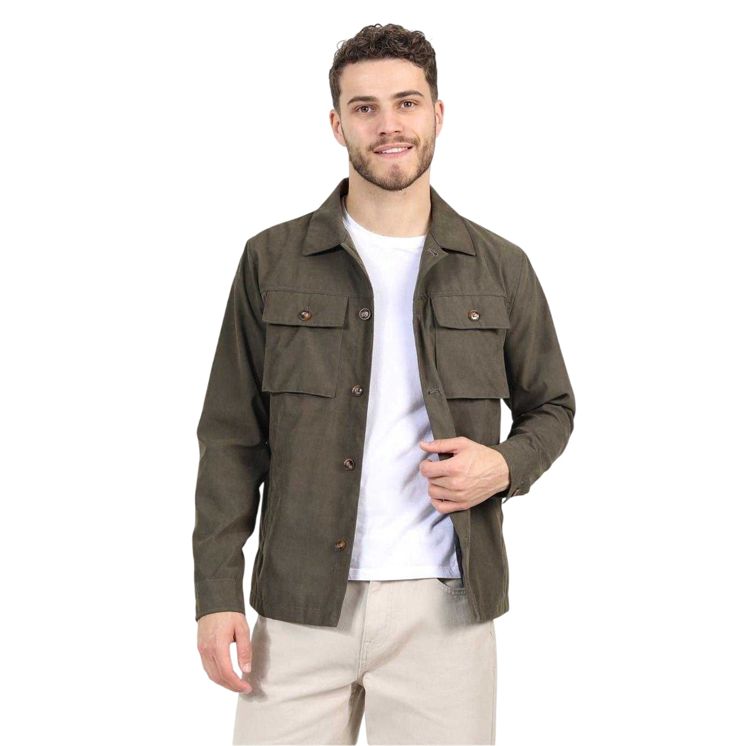 Khaki Green - Front - Brave Soul Mens Plain Pocket Shacket