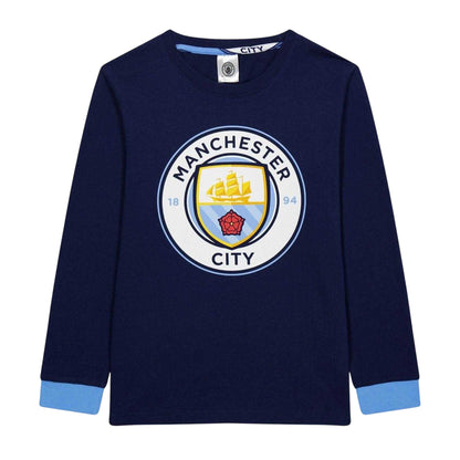 Sky Blue - Back - Manchester City FC Boys Crest Long-Sleeved Top & Bottom Set