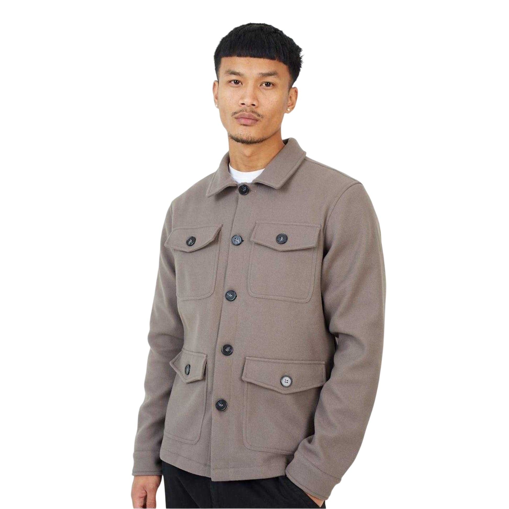 Taupe - Side - Brave Soul Mens Faux Wool Shacket