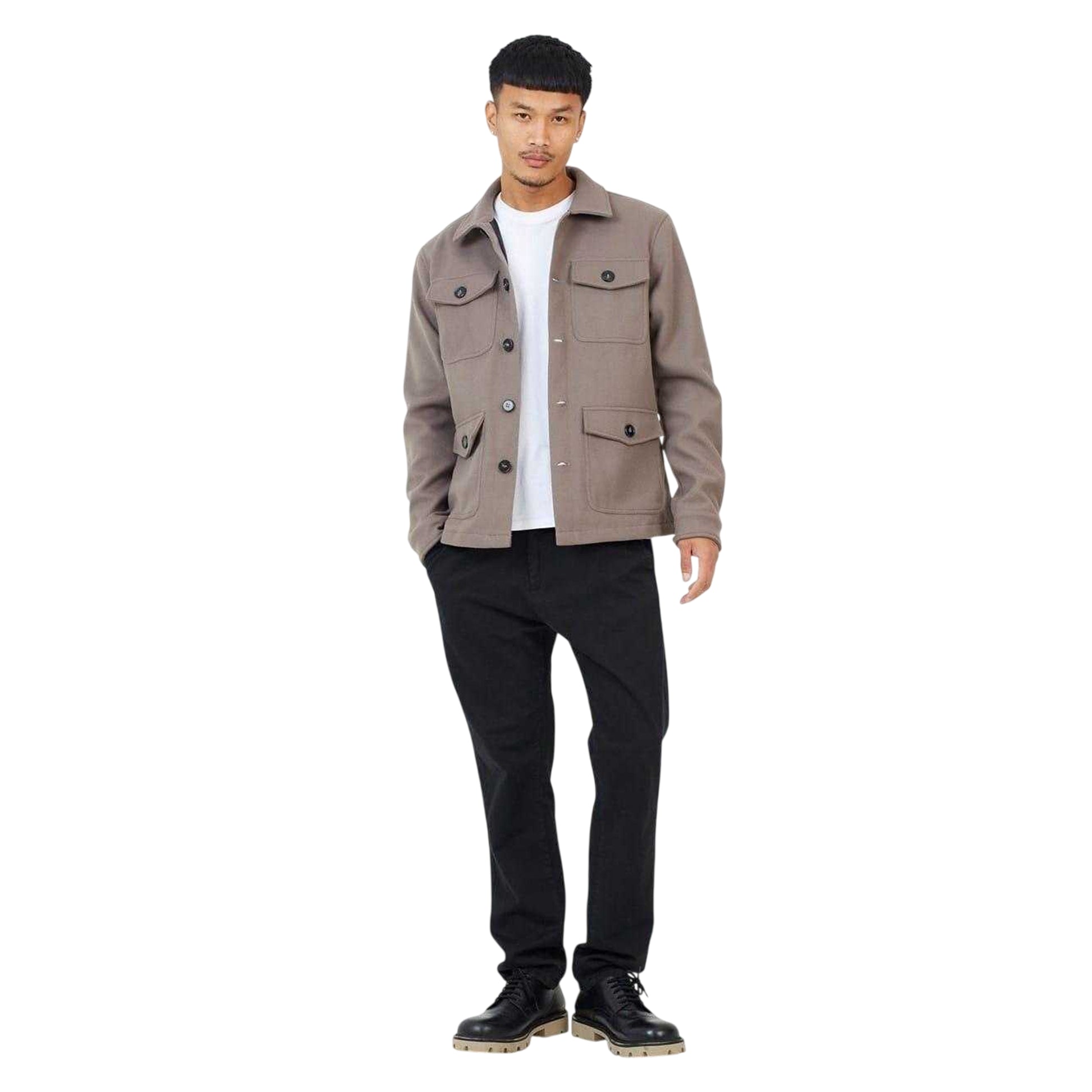 Taupe - Lifestyle - Brave Soul Mens Faux Wool Shacket