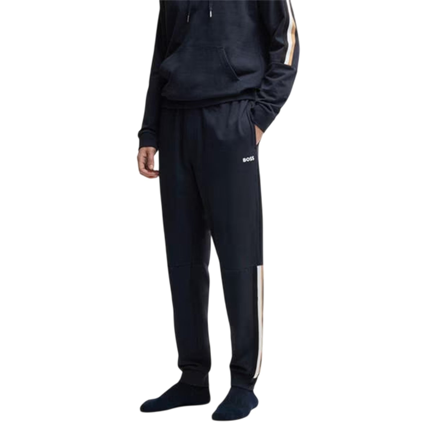 Navy - Side - Boss Mens Iconic Vertical Stripe Joggers