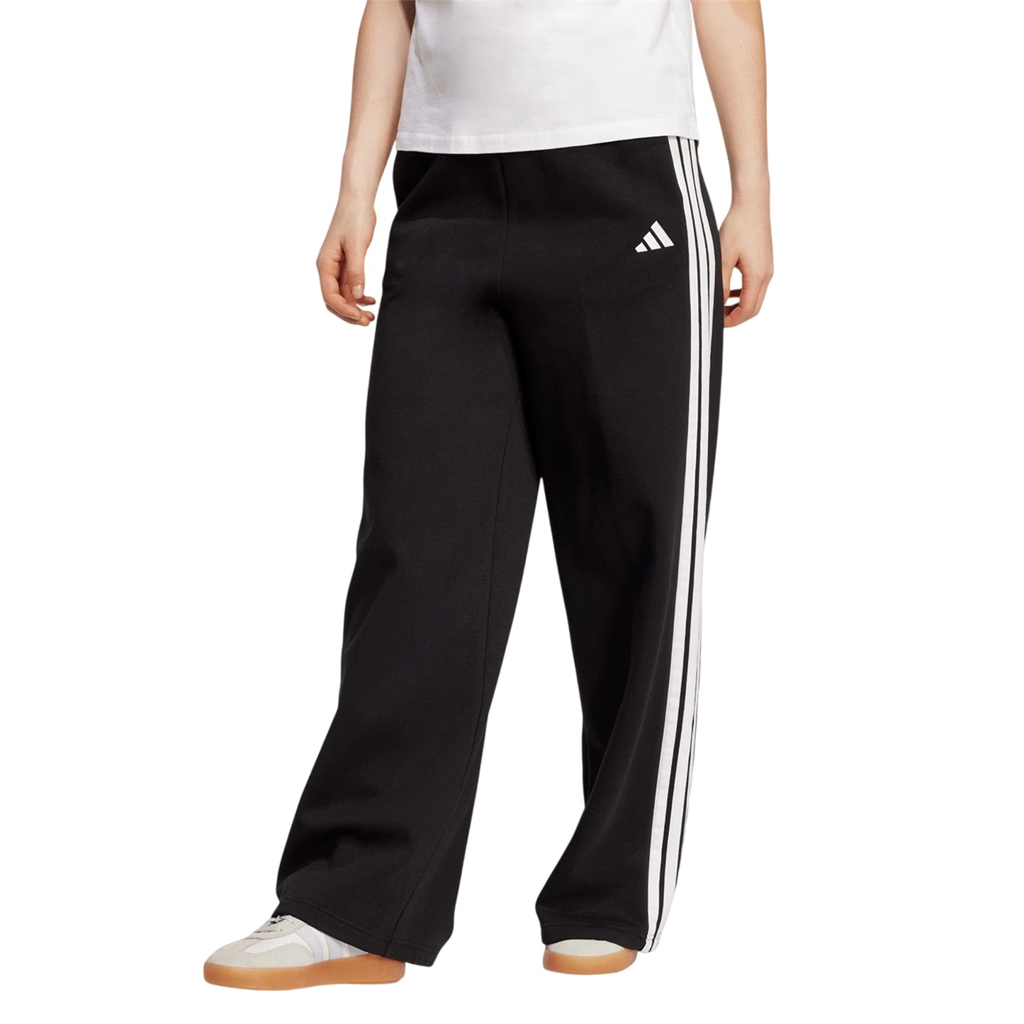 Black-White - Side - Adidas Womens-Ladies Essential French Terry 3 Stripes Jogging Bottoms