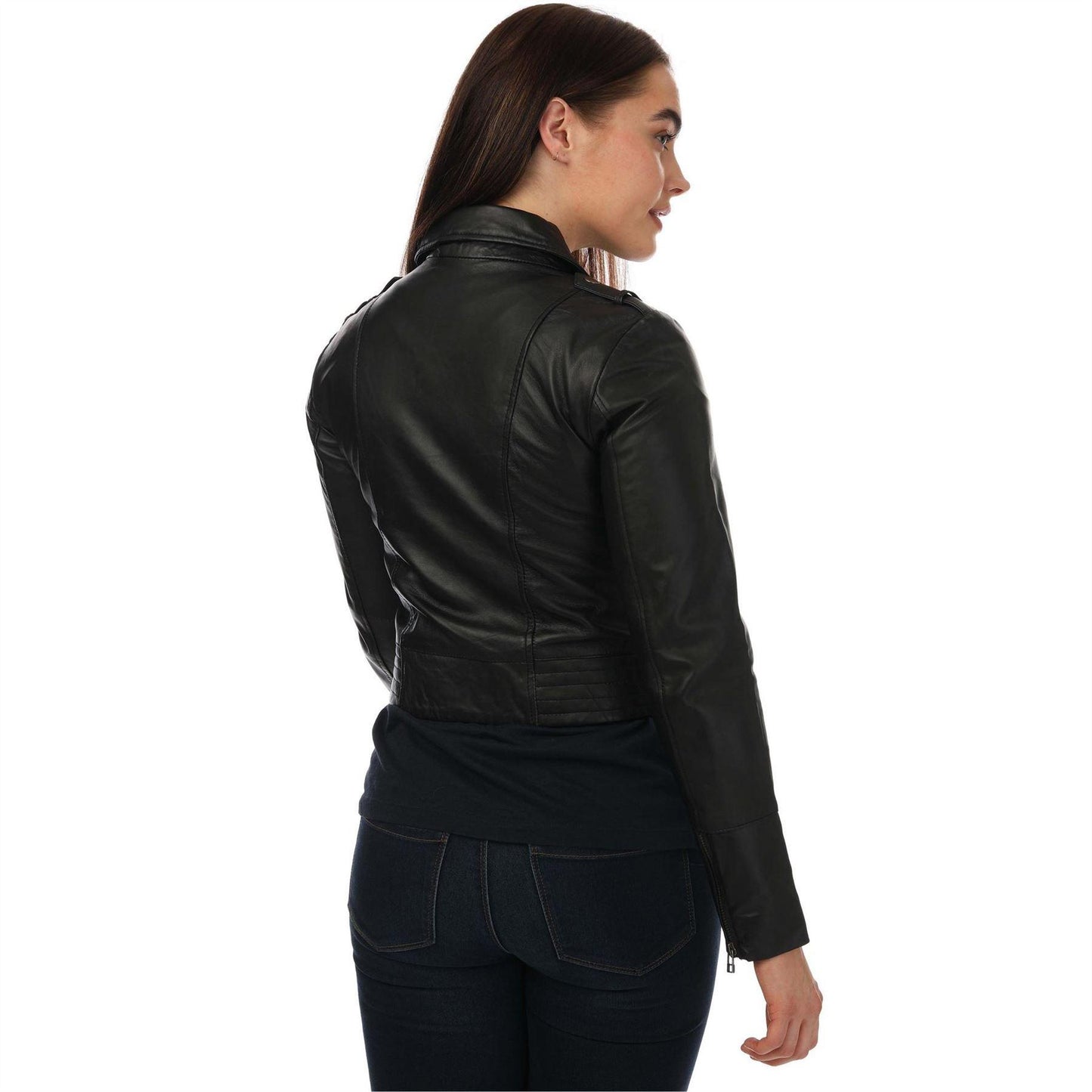 Black - Back - Elle Womens-Ladies Leather Fitted Biker Jacket
