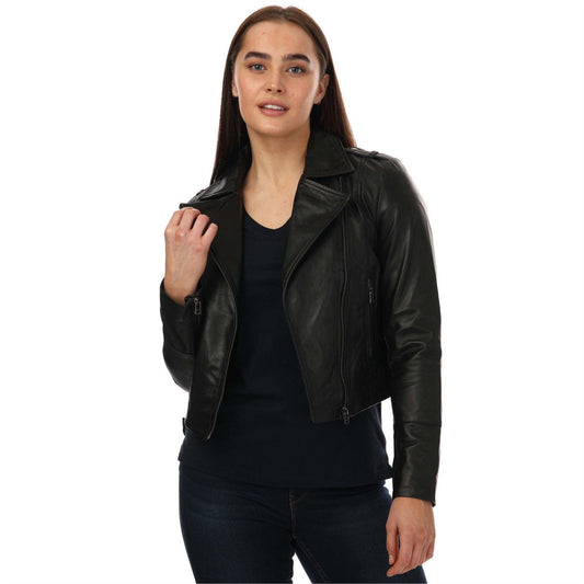 Black - Front - Elle Womens-Ladies Leather Fitted Biker Jacket