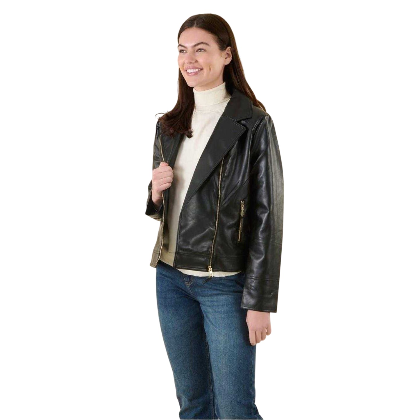 Black - Side - Harvey & Jones Womens-Ladies Roxanne Faux Leather Biker Jacket