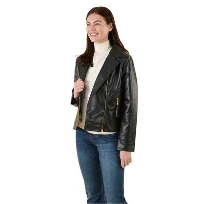 Black - Side - Harvey & Jones Womens-Ladies Roxanne Faux Leather Biker Jacket