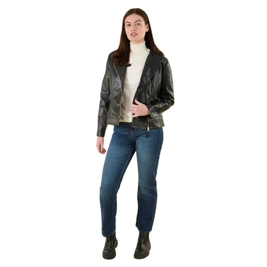 Black - Front - Harvey & Jones Womens-Ladies Roxanne Faux Leather Biker Jacket