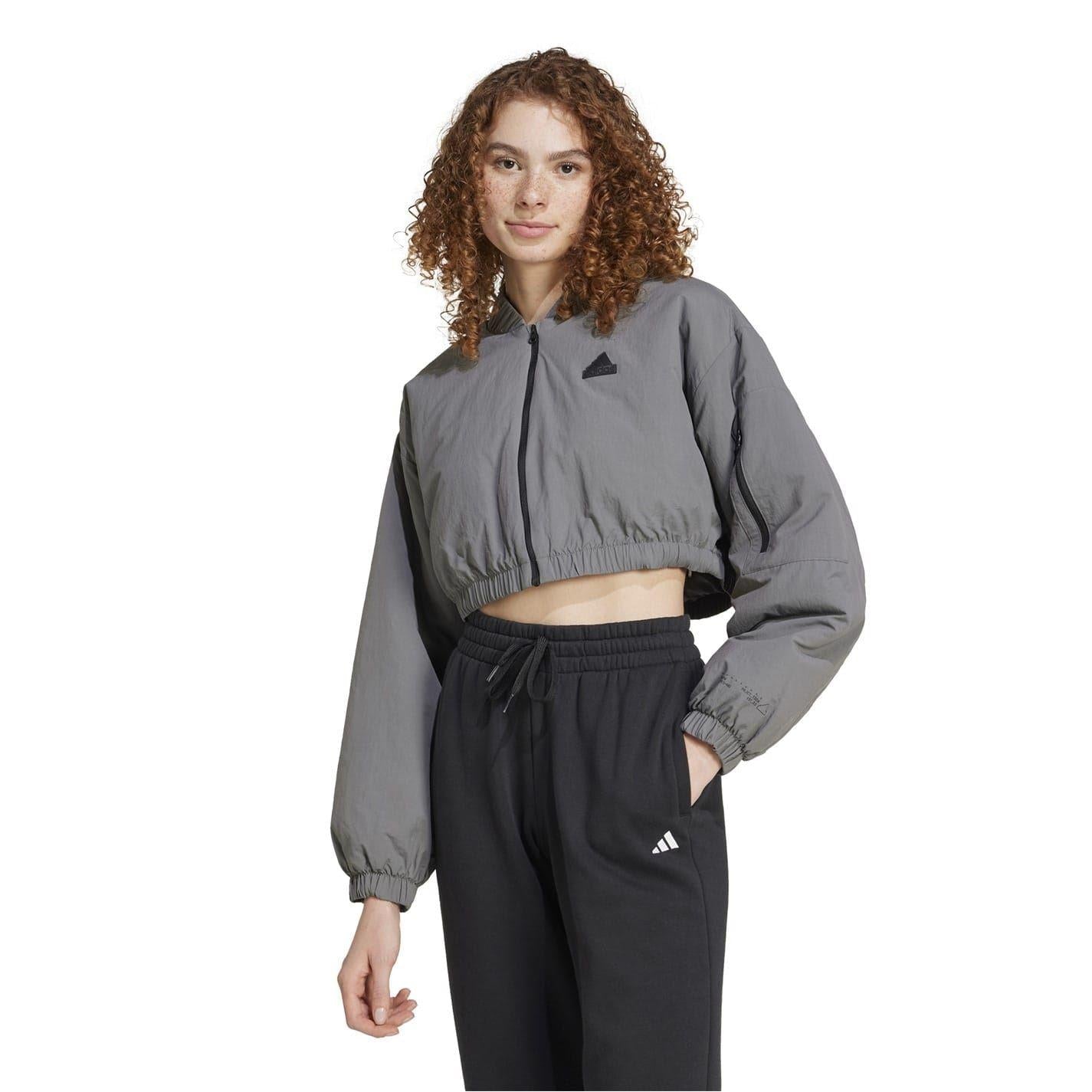 Grey - Side - Adidas Womens-Ladies Polyamide Cropped Bomber Jacket