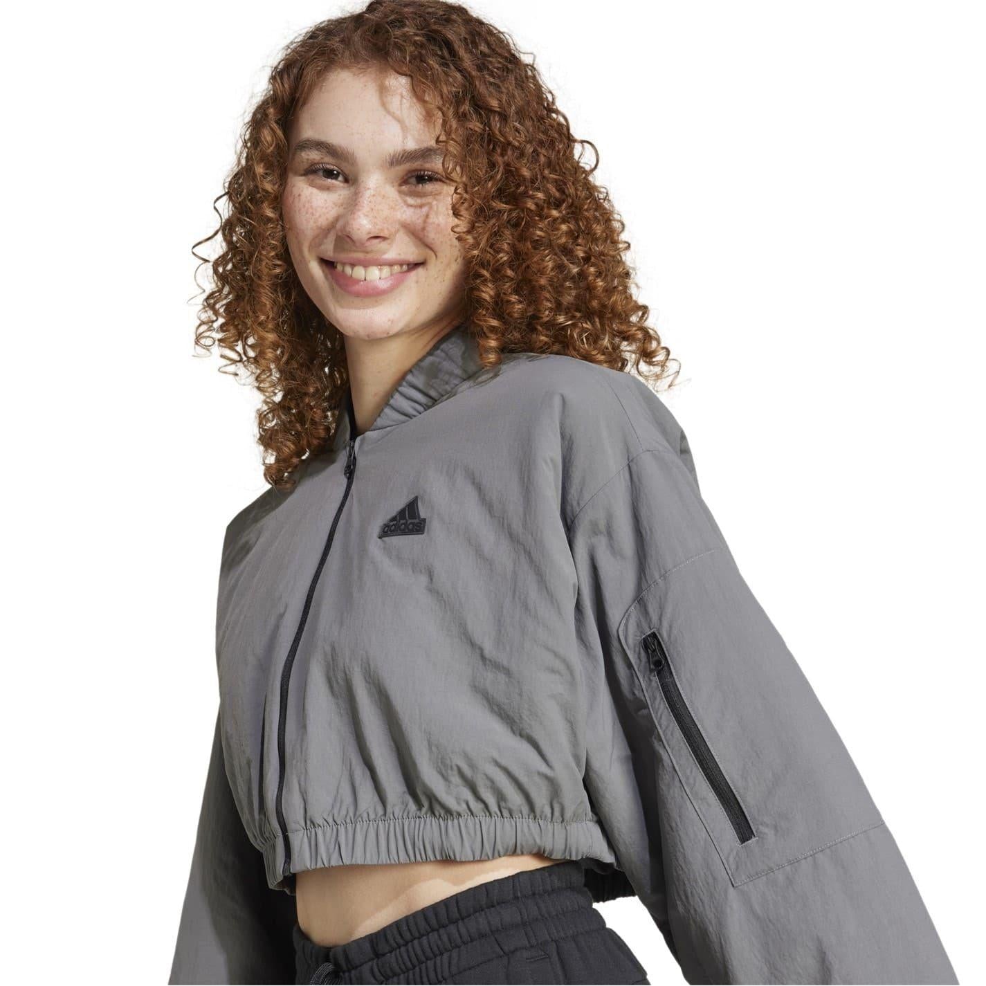 Grey - Lifestyle - Adidas Womens-Ladies Polyamide Cropped Bomber Jacket