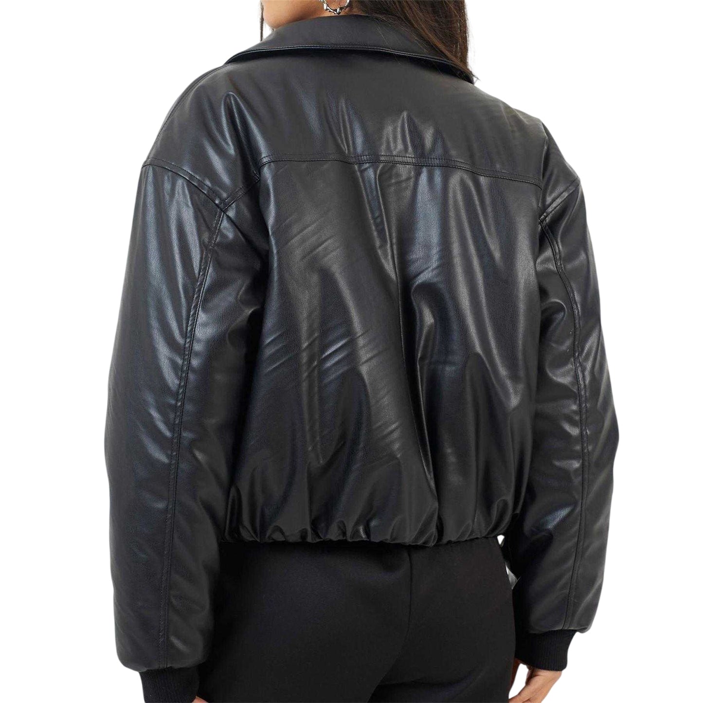 Black - Back - Brave Soul Womens-Ladies Faux Leather Collared Oversized Bomber Jacket