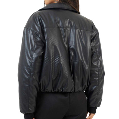 Black - Back - Brave Soul Womens-Ladies Faux Leather Collared Oversized Bomber Jacket