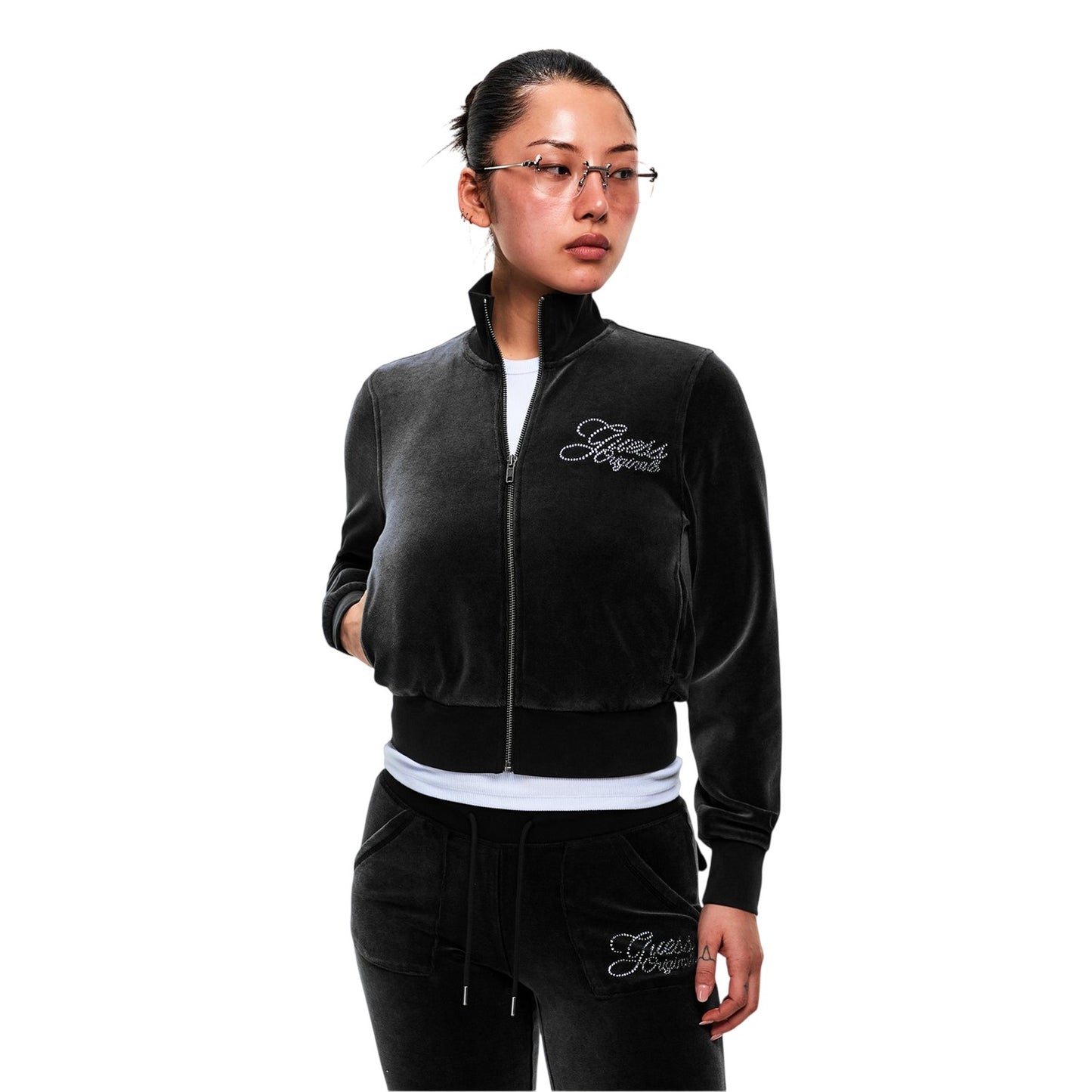 Jet Black - Side - Guess Womens-Ladies Velour Mock Neck Bomber Jacket
