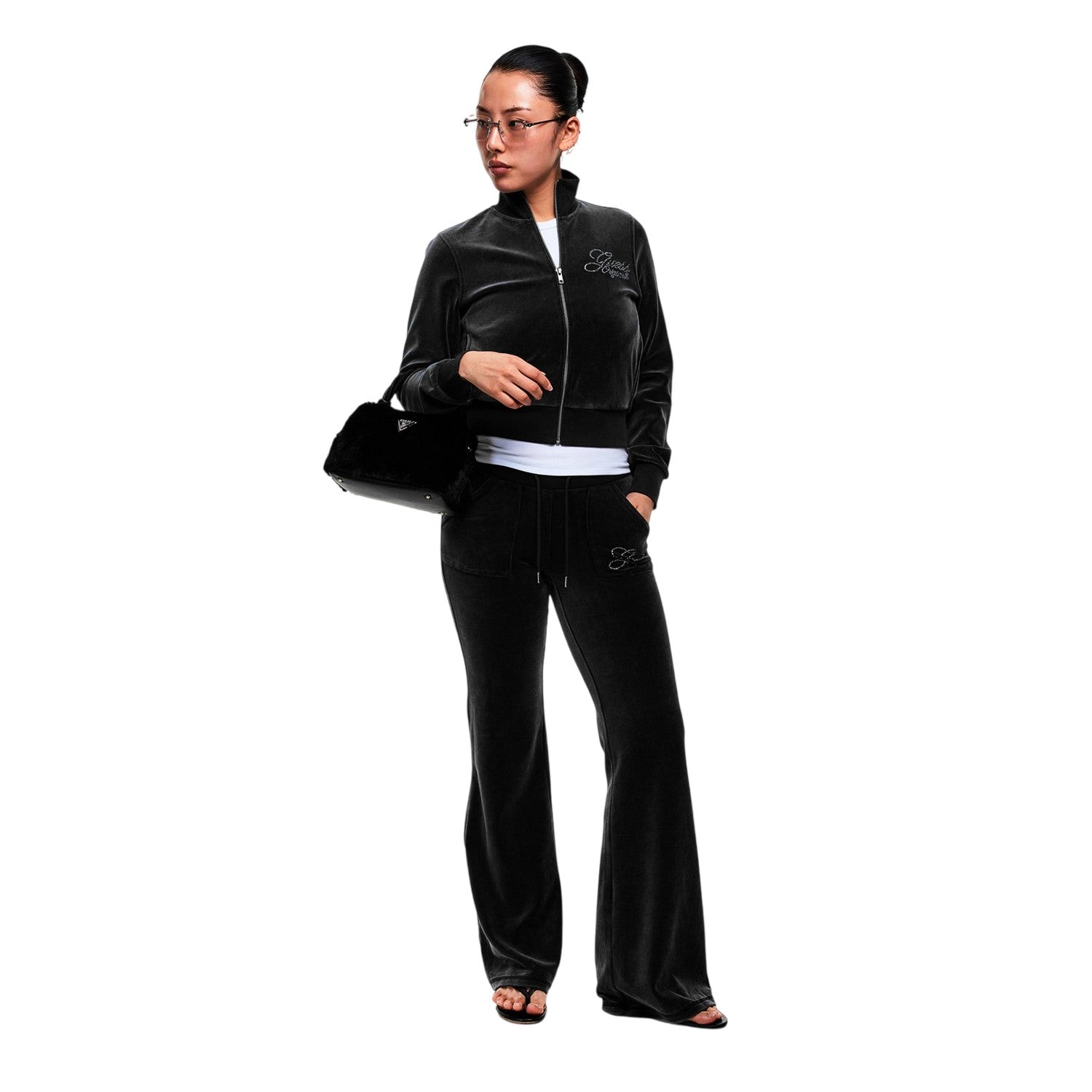 Jet Black - Lifestyle - Guess Womens-Ladies Velour Mock Neck Bomber Jacket