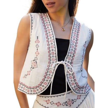 Cream - Side - Threadbare Womens-Ladies Geometric Pattern Waistcoat