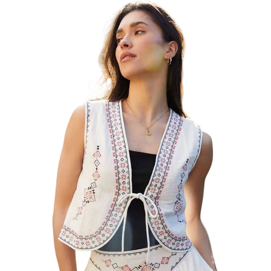 Cream - Front - Threadbare Womens-Ladies Geometric Pattern Waistcoat