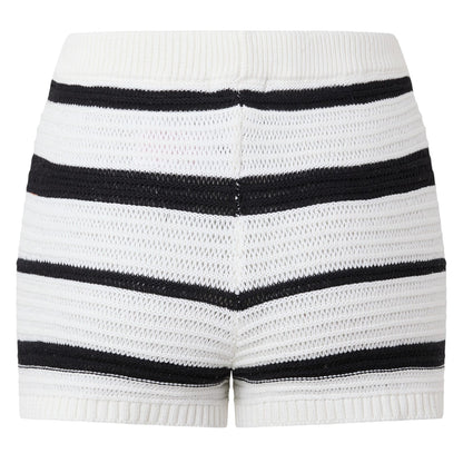Cream-Black - Back - I Saw It First Womens-Ladies Knitted Striped Snug Fit Shorts