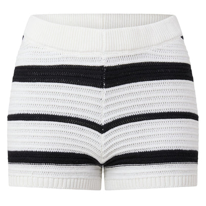 Cream-Black - Front - I Saw It First Womens-Ladies Knitted Striped Snug Fit Shorts
