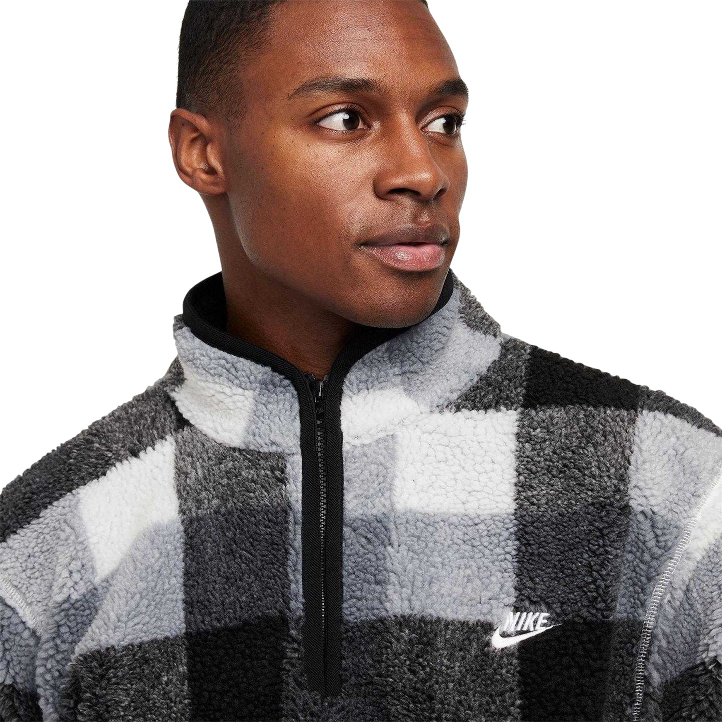 Black-White - Side - Nike Mens Winterized Plaid Mock Neck Fleece Top