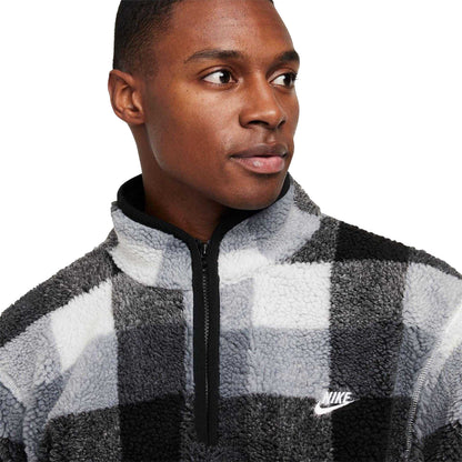 Black-White - Side - Nike Mens Winterized Plaid Mock Neck Fleece Top