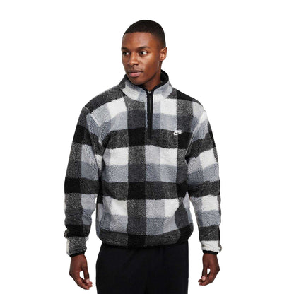 Black-White - Front - Nike Mens Winterized Plaid Mock Neck Fleece Top