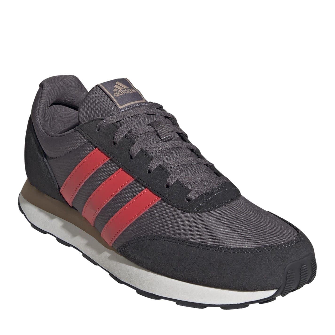 Grey-Red-Carbon - Side - Adidas Mens Run 60s 3.0 Stripes Leather Trainers