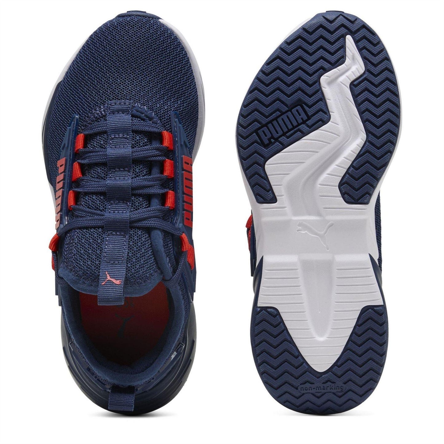Navy-Red - Side - Puma Childrens-Kids Mesh Running Trainers