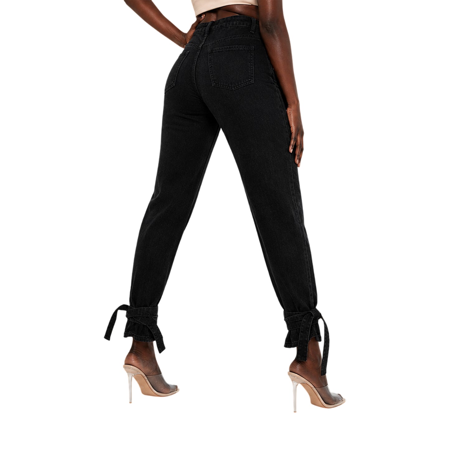 Black - Back - Missy Empire Womens-Ladies Denim Tie Up Relaxed Fit Jeans