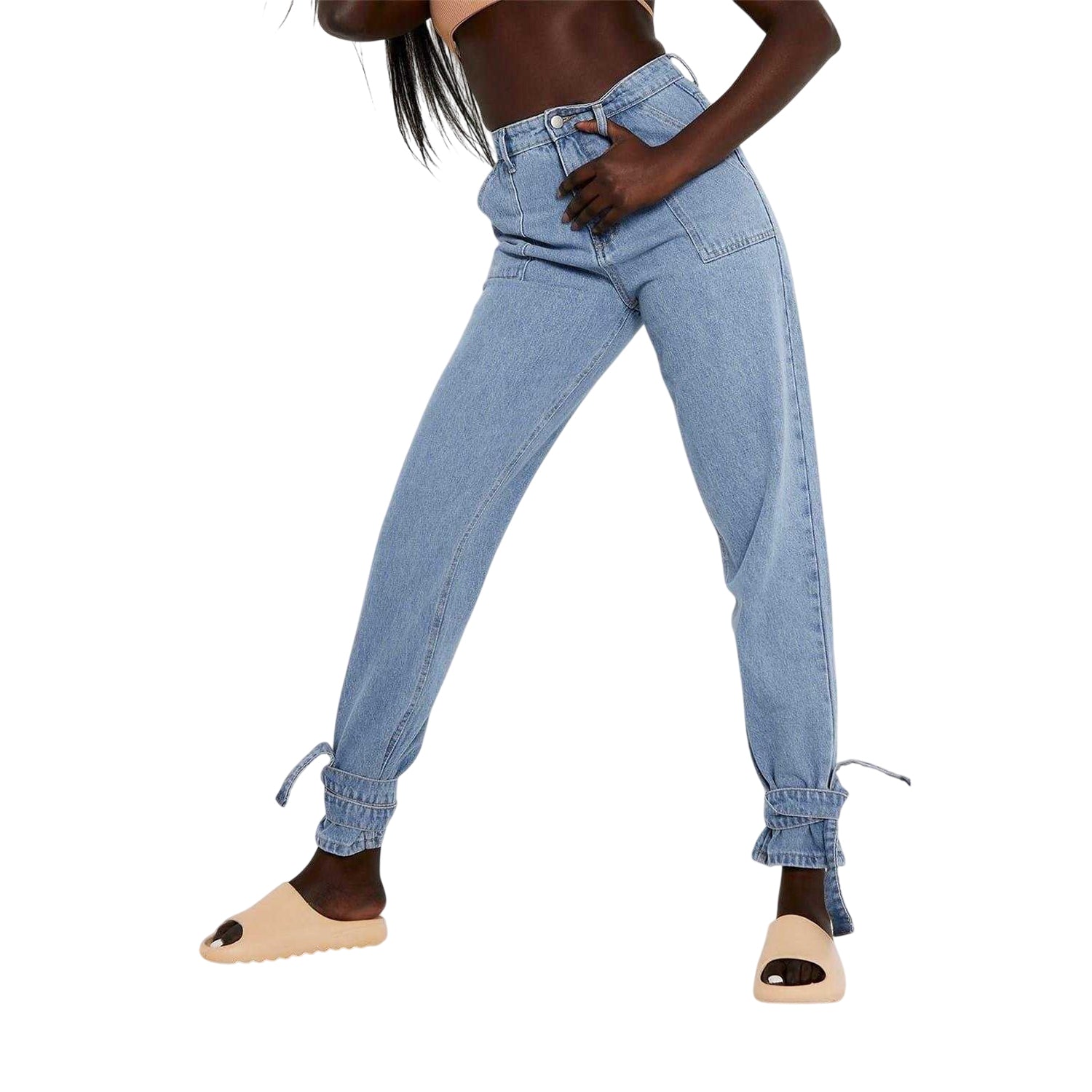 Blue - Front - Missy Empire Womens-Ladies Denim Tie Up Relaxed Fit Jeans