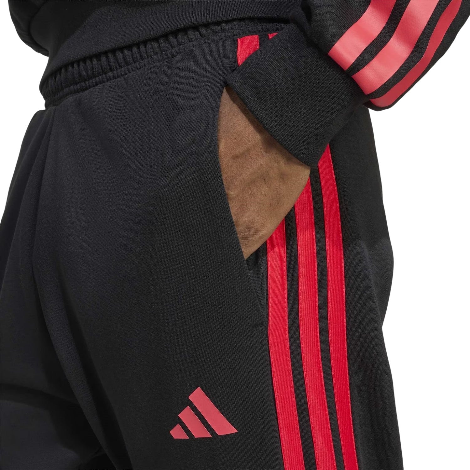 Black-Ruby Red - Side - Adidas Mens Sportswear Fleece 3 Stripes Joggers