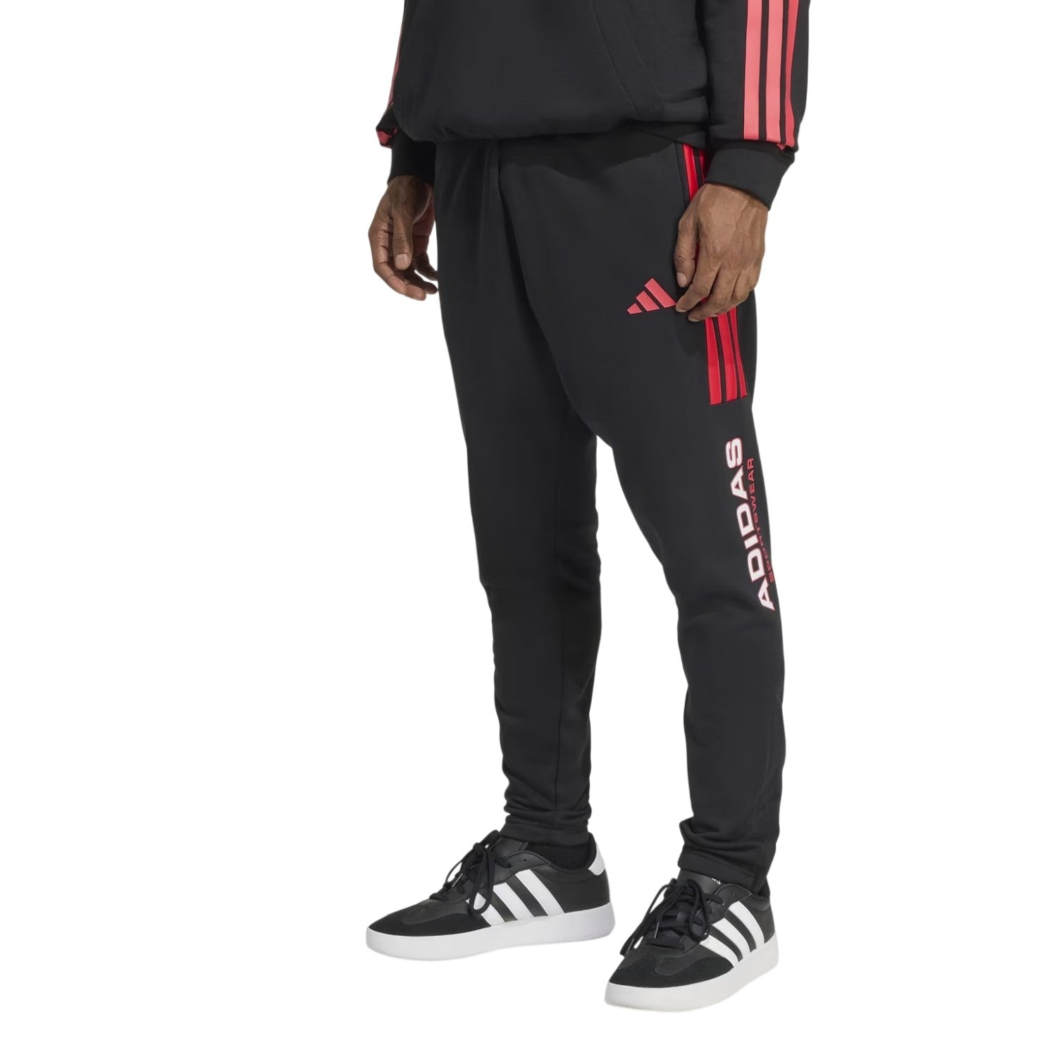 Black-Ruby Red - Pack Shot - Adidas Mens Sportswear Fleece 3 Stripes Joggers