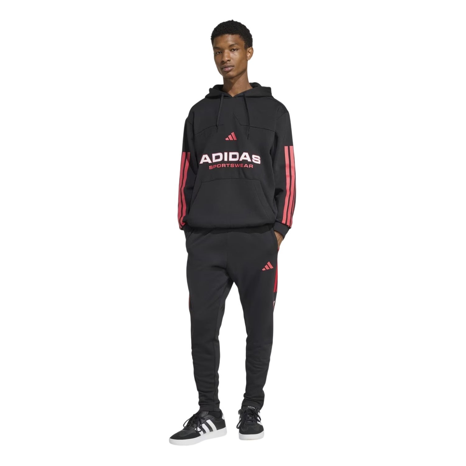 Black-Ruby Red - Close up - Adidas Mens Sportswear Fleece 3 Stripes Joggers
