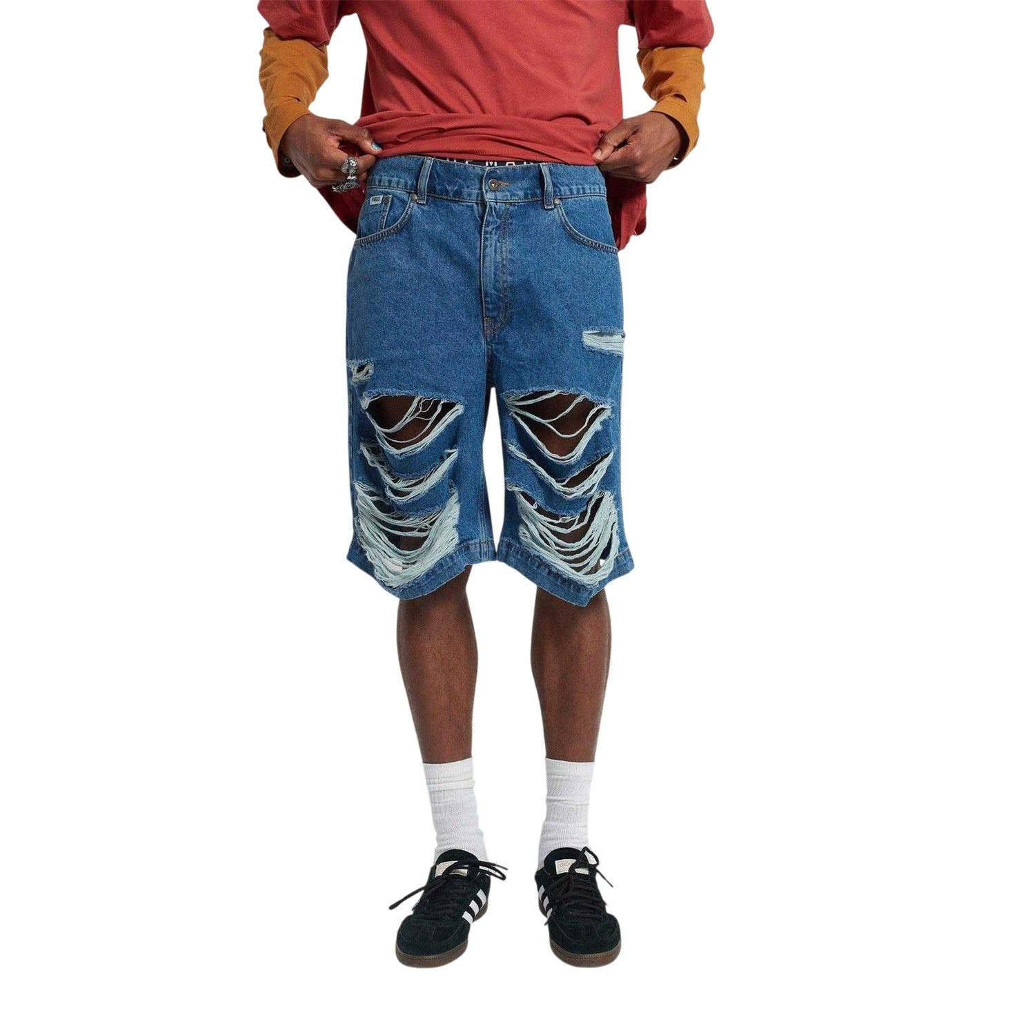 Indigo - Front - The Ragged Priest Mens Feral Denim Distressed Relaxed Fit Shorts