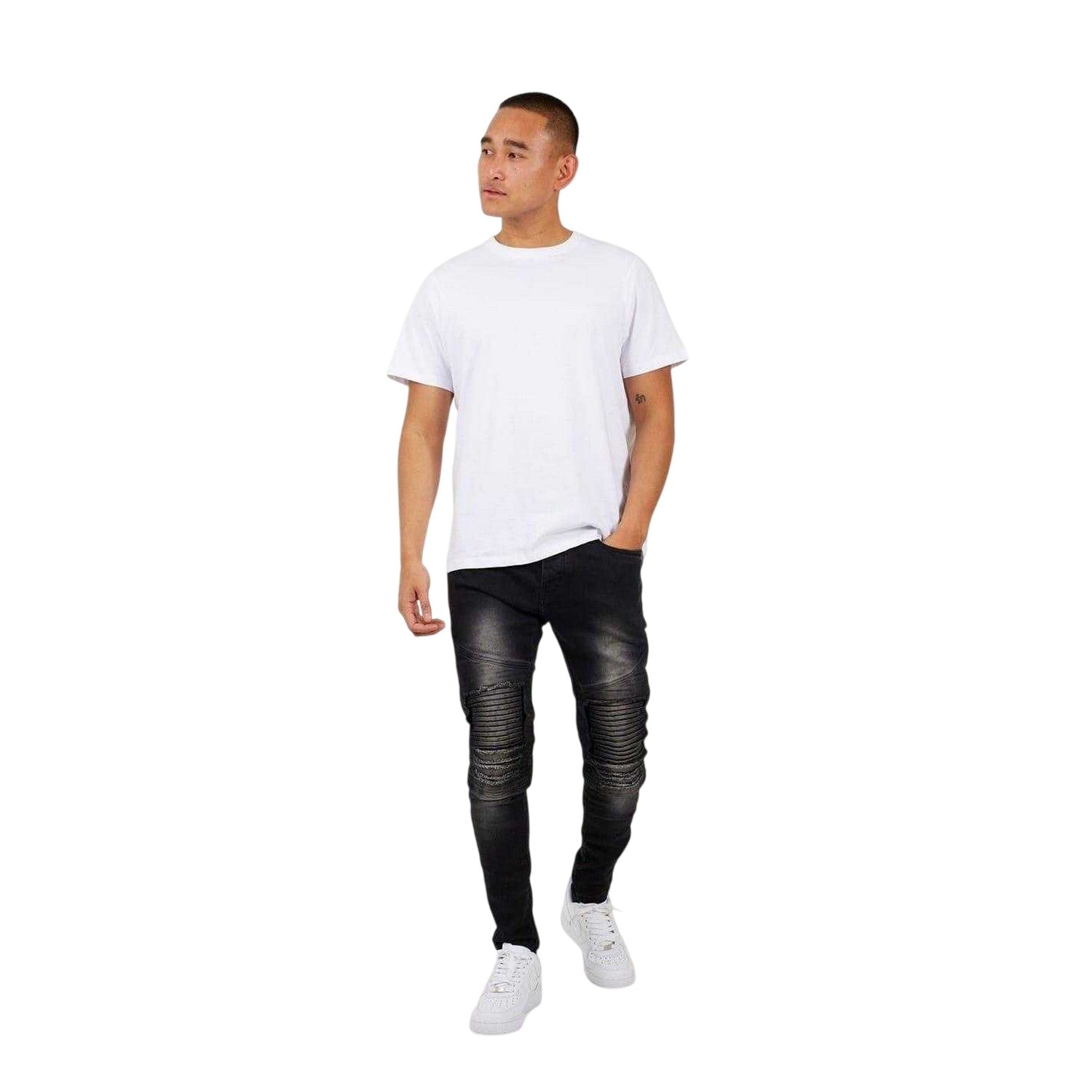 Charcoal Wash - Side - Brave Soul Mens Washed Biker Jeans