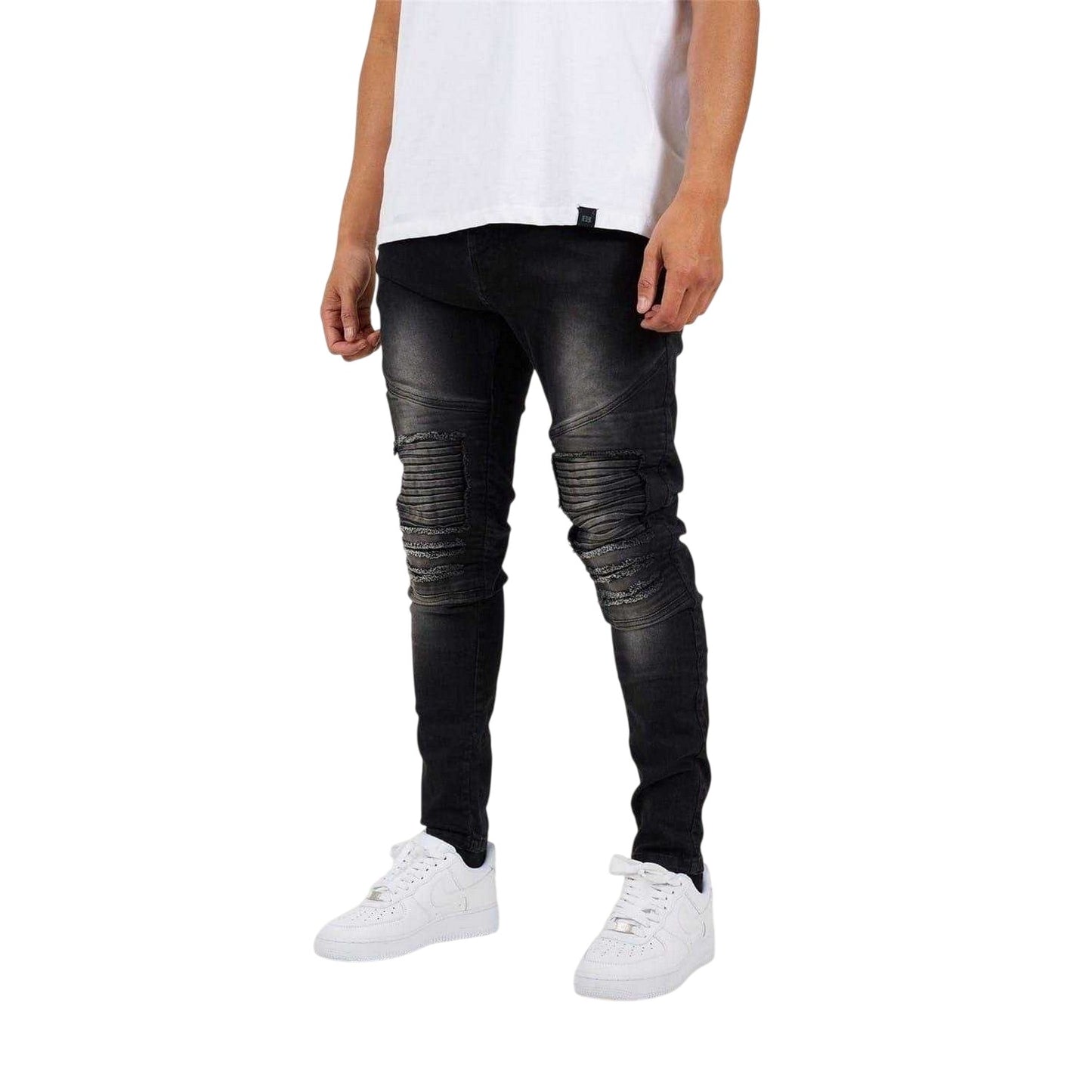 Charcoal Wash - Front - Brave Soul Mens Washed Biker Jeans