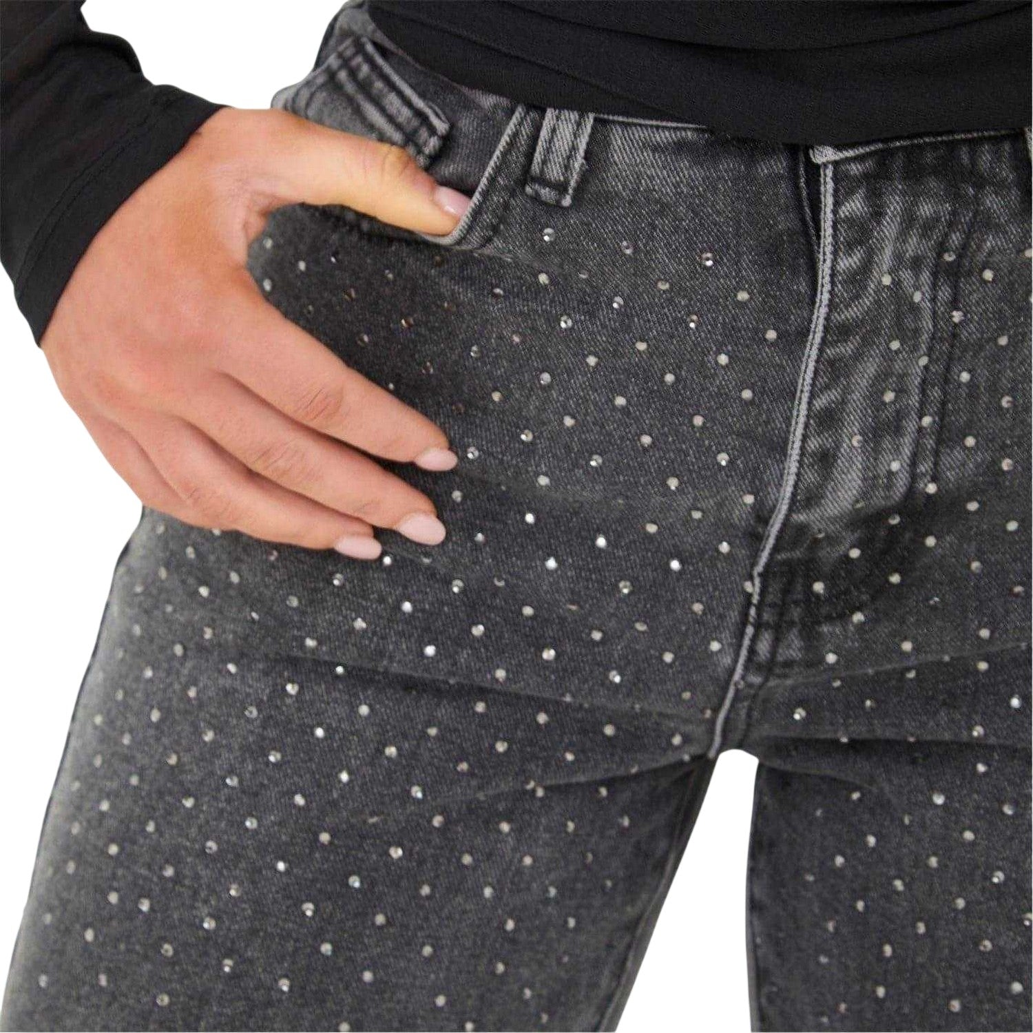 Washed Grey - Side - I Saw It First Womens-Ladies Denim Embellished Wide Leg Jeans