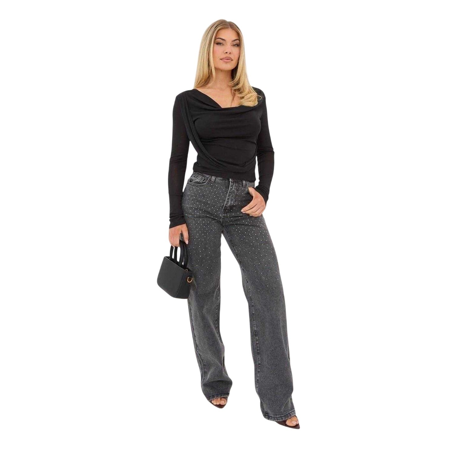 Washed Grey - Lifestyle - I Saw It First Womens-Ladies Denim Embellished Wide Leg Jeans