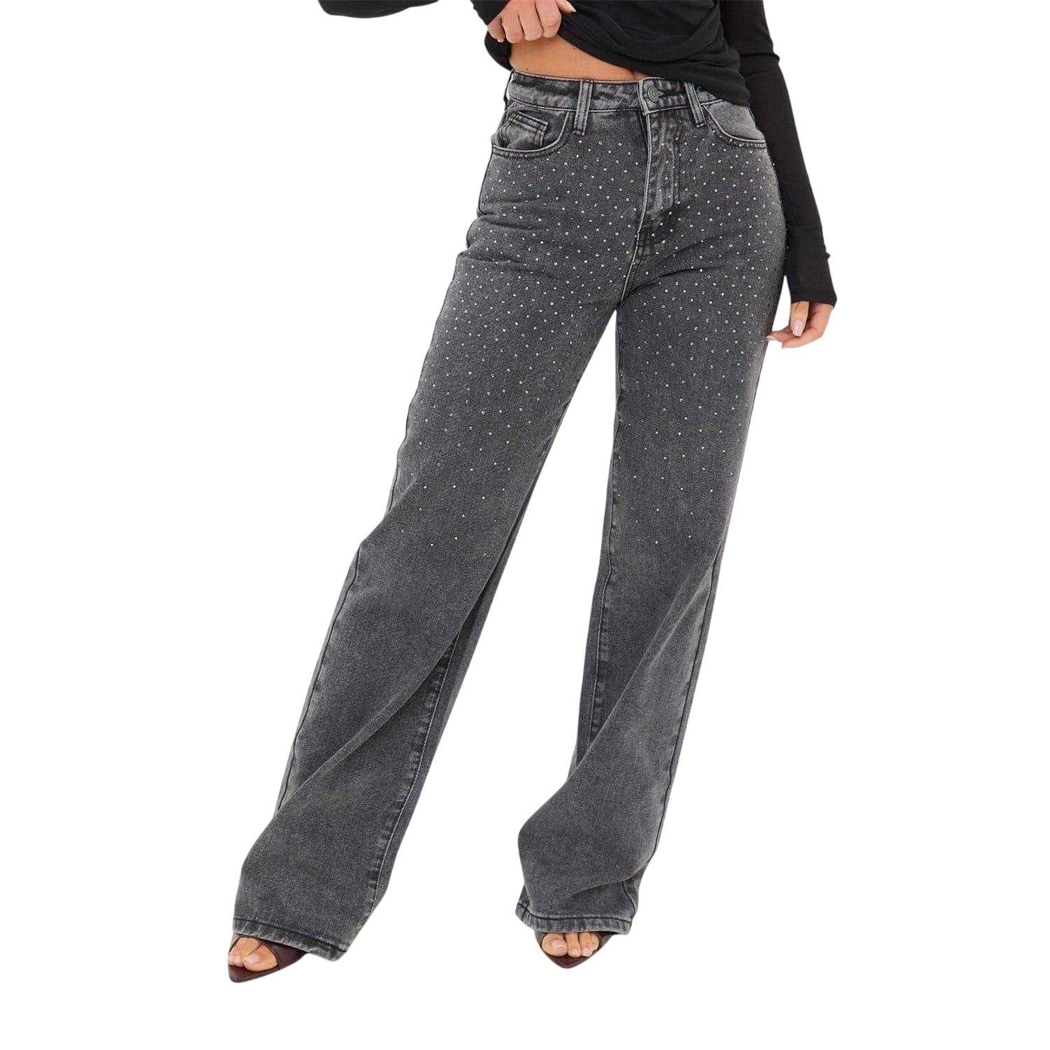 Washed Grey - Front - I Saw It First Womens-Ladies Denim Embellished Wide Leg Jeans