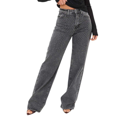 Washed Grey - Front - I Saw It First Womens-Ladies Denim Embellished Wide Leg Jeans