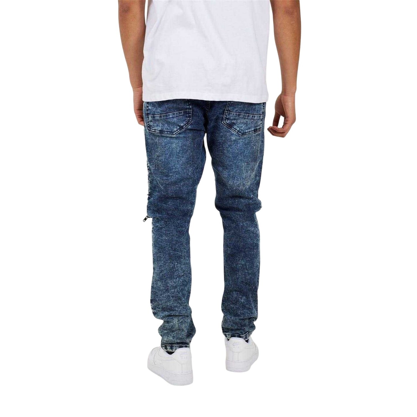 Dark Blue - Back - Brave Soul Mens Washed Biker Slim Jeans