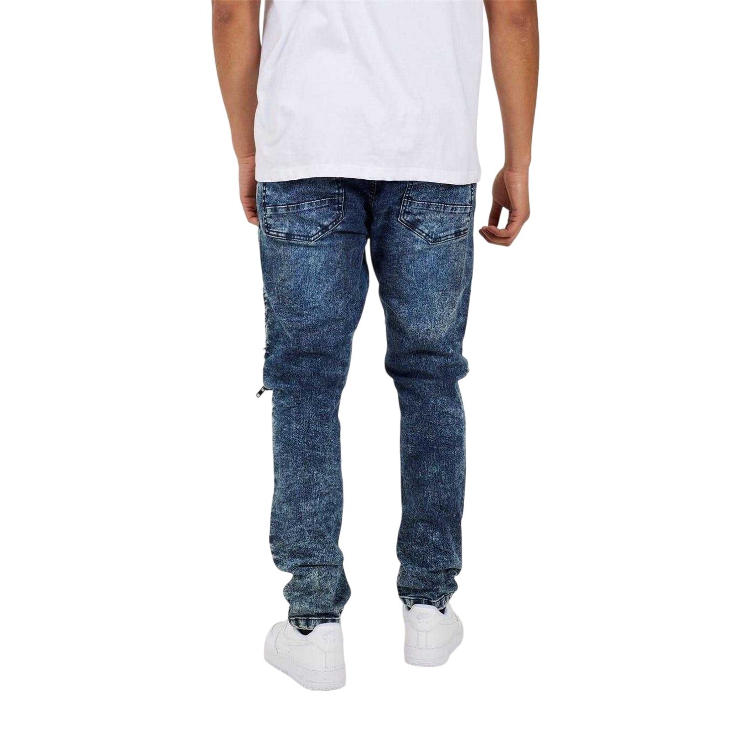 Dark Blue - Back - Brave Soul Mens Washed Biker Slim Jeans