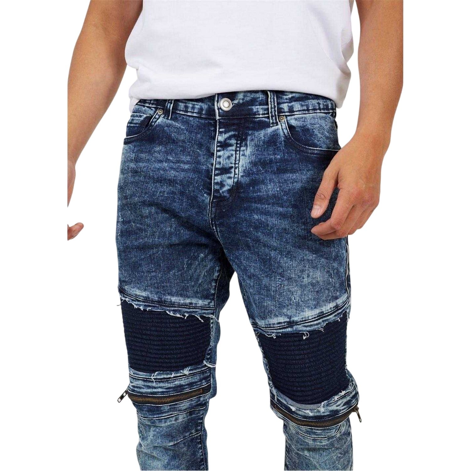 Dark Blue - Side - Brave Soul Mens Washed Biker Slim Jeans