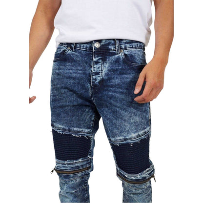 Dark Blue - Side - Brave Soul Mens Washed Biker Slim Jeans