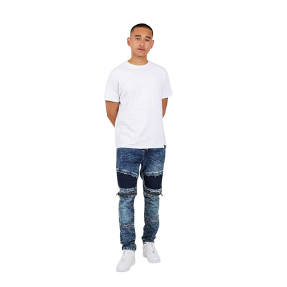 Dark Blue - Lifestyle - Brave Soul Mens Washed Biker Slim Jeans