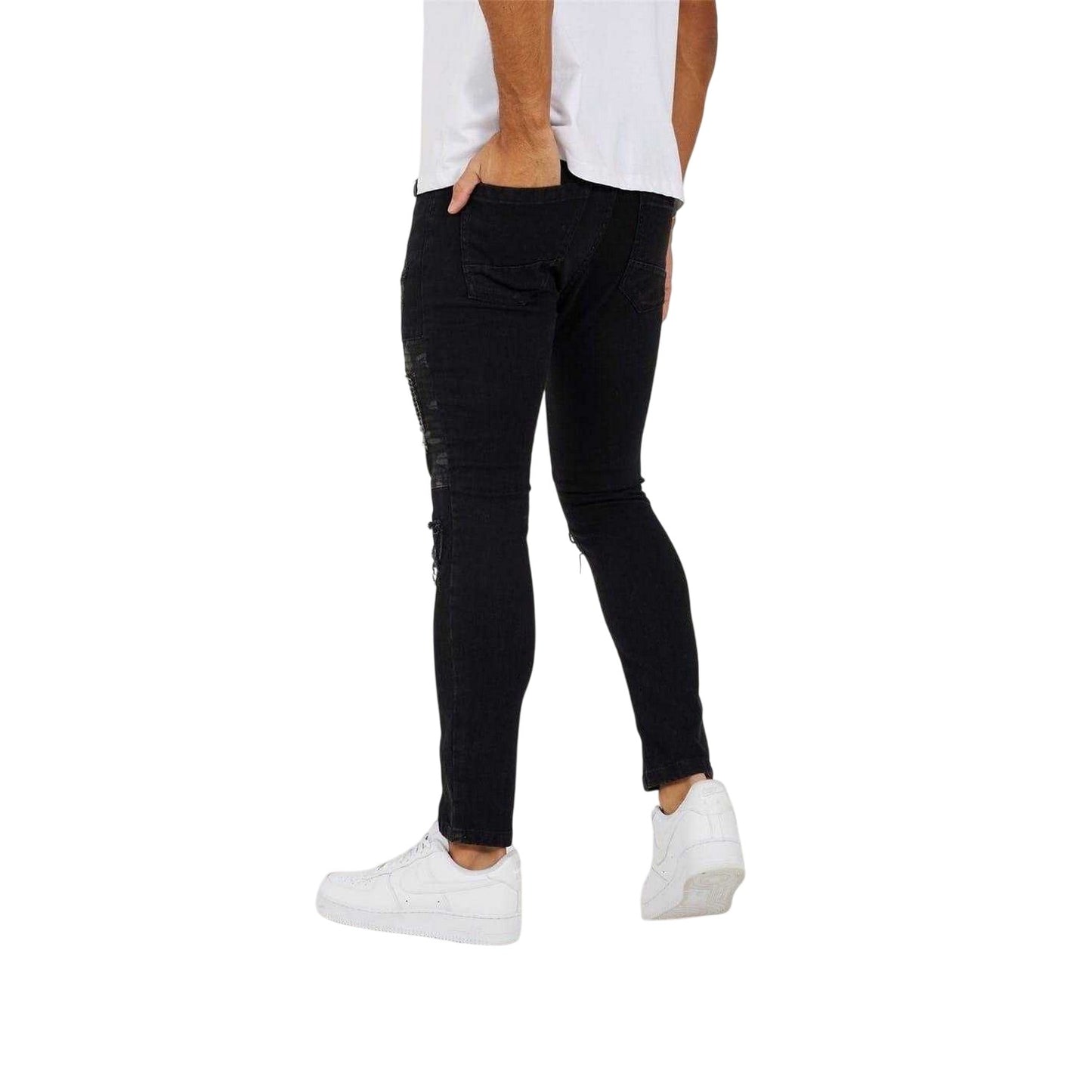Charcoal Wash - Back - Brave Soul Mens Washed Biker Skinny Jeans