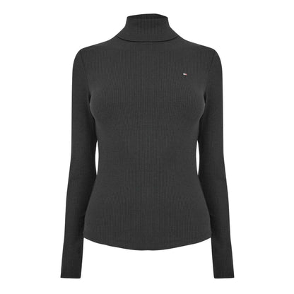 Black - Front - Tommy Hilfiger Womens-Ladies Roll Neck Slim Long-Sleeved Top