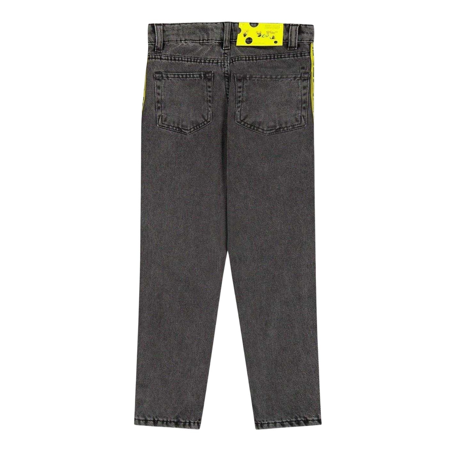 Grey-Yellow - Back - Off White Childrens-Kids Washed Denim Logo 5 Pockets Straight Jeans