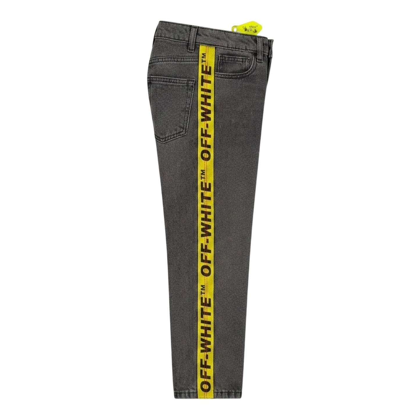 Grey-Yellow - Side - Off White Childrens-Kids Washed Denim Logo 5 Pockets Straight Jeans