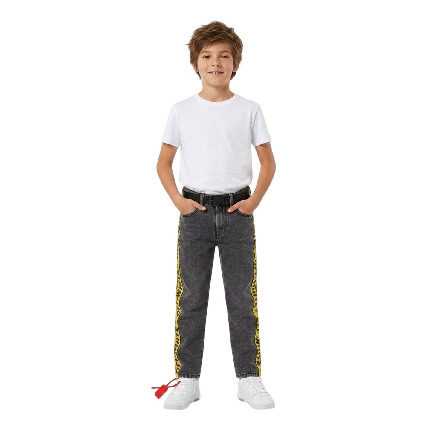 Grey-Yellow - Lifestyle - Off White Childrens-Kids Washed Denim Logo 5 Pockets Straight Jeans