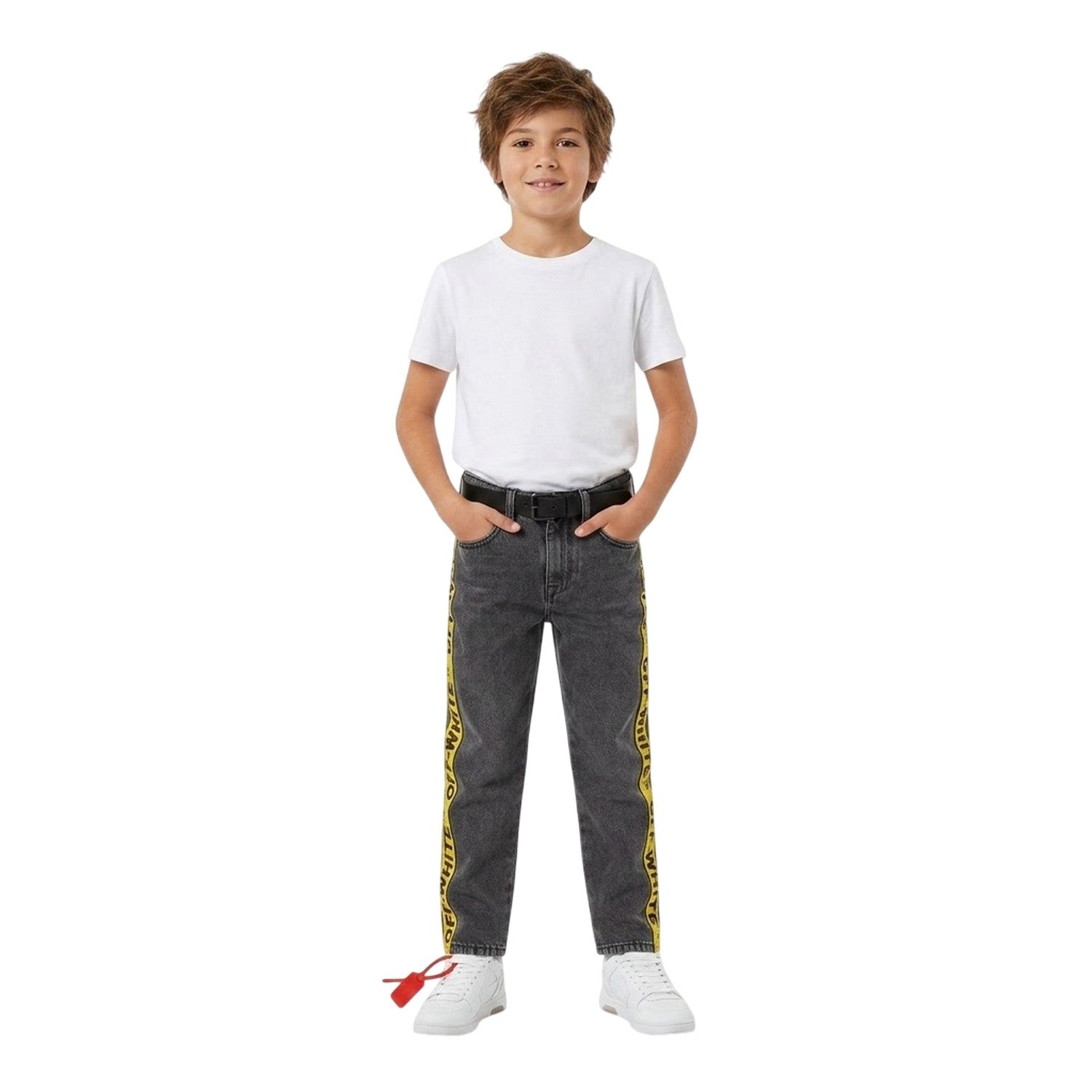 Grey-Yellow - Lifestyle - Off White Childrens-Kids Washed Denim Logo 5 Pockets Straight Jeans