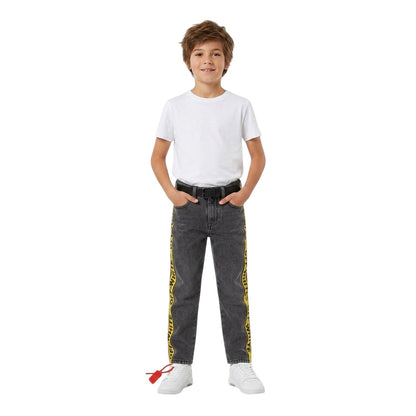 Grey-Yellow - Lifestyle - Off White Childrens-Kids Washed Denim Logo 5 Pockets Straight Jeans